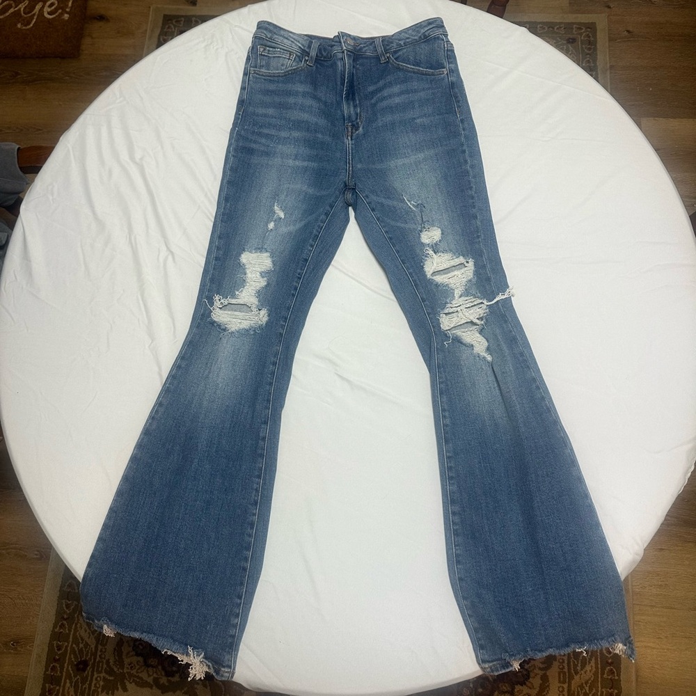 Stylish Blue Distressed Flare Jeans